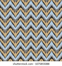 Ethnic blue, beige and black zig zag seamless pattern. Boho summer abstract geometric repeat textile print, fashion background. Folk strip colorful wallpaper.