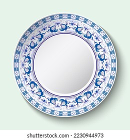 Ethnic blue dish Plate for interior decoration, table setting. Stylized ethnic cobalt painting on porcelain. Isolated dish, menu designs ethnic plates. Vector illustration