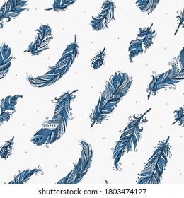 Ethnic Blue Feather Seamless Pattern. Hand Drawn Tribal Feathers Boho Style Repeating Background