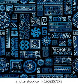 Ethnic blue handmade ornament, seamless pattern, vector illustration
