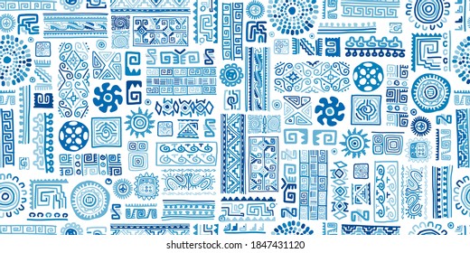 Ethnic blue handmade ornament, seamless pattern, vector illustration