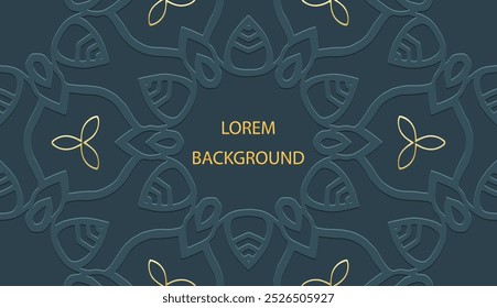 Fundo de lorem ipsum azul étnico, design de capa tribal, banner. Padrão 3D festivo geométrico, em relevo, colocar para texto. Ornamentos, arabescos, mandala do Oriente, Ásia, Índia, México, Asteca, Peru.