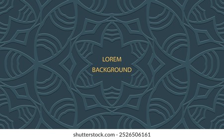 Fundo de lorem ipsum azul étnico, design de capa tribal, banner. Padrão geométrico floral 3D, em relevo, colocar para texto. Ornamentos, arabescos, mandala do Oriente, Ásia, Índia, México, Asteca, Peru.