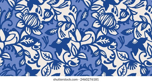 Ethnic blue seamless patterns with plant motifs. Modern abstract design for paper, cover, fabric, interior decor and other use