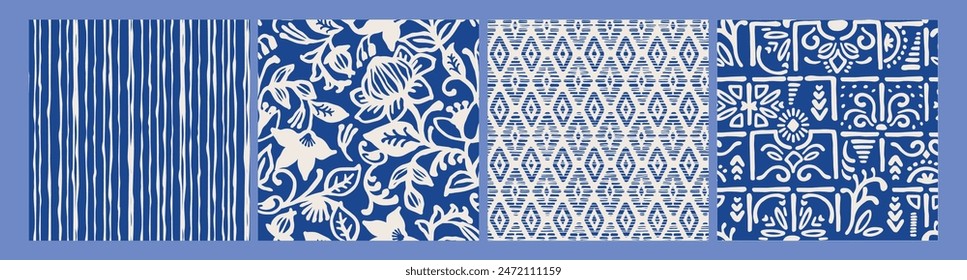 Patrones sin costuras de color azul étnico con motivos vegetales. Diseño abstracto moderno para el papel, cubierta, tela, decoración interior y otro uso