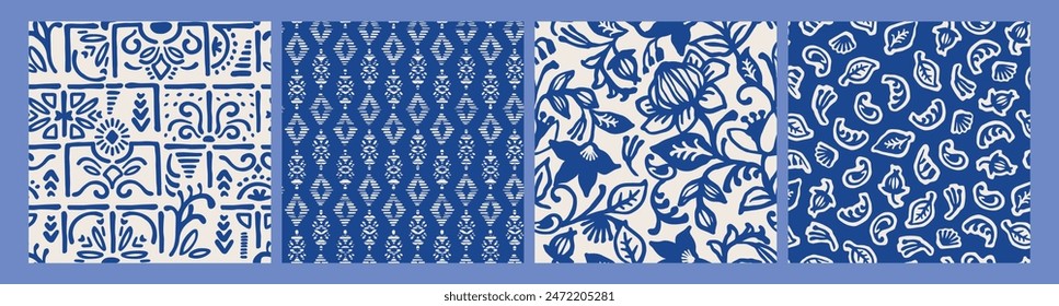 Patrones sin costuras de color azul étnico con motivos vegetales. Diseño abstracto moderno para el papel, cubierta, tela, decoración interior y otro uso