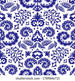 ETHNIC BLUE TATAR Oriental Doodle Retro Ornament Seamless Pattern Vector Illustration Set For Print