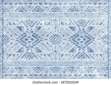 Ethnic blue tribal vector background with decorative folk elements. Aztec threadbare abstract geometric art print. Design for rug, tapis, blanket, wallpaper design, fabric, textile. Aging effect