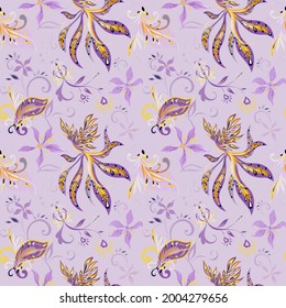 Ethnic bohemian seamless repeatins tile pattern. Paisley ornament with fenix bird and flowers	