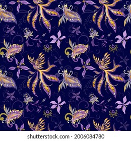 Ethnic bohemian seamless repeatins tile pattern. Paisley ornament with fenix bird and flowers	for women dress
