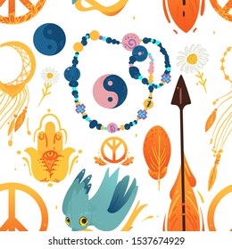 Ethnic Bohemian symbols - hand drawn seamless pattern background with dream catcher, yin yang symbol and peace sign. Feather, arrow, hand and bird - vector illustration