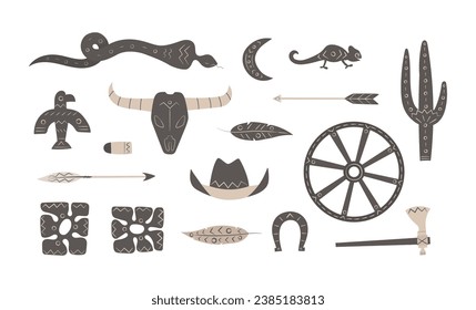Ethnic boho aztec elements set. Western native folk shapes of wheel, bird, snake, flowers, moon.