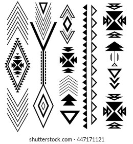 Ethnic boho black ornament with geometric design elements and arrows.