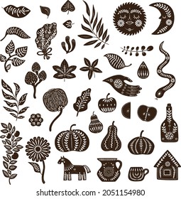 Ilustración vectorial mágica del otoño celestial del boho étnico. Florales, Sol y Luna, mano, serpiente, calabazas, manzanas, pera, flores y hojas, florero. Aislado. Para diseño impreso, medios sociales. Silhouette. 