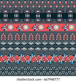 Ethnic Boho chic style seamless pattern with abstract ornament in blue and red colors. Vector fabric design