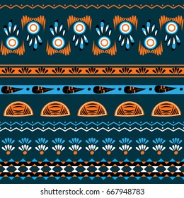 Ethnic Boho chic style seamless pattern with abstract ornament in blue and oranges colors. Vector fabric design