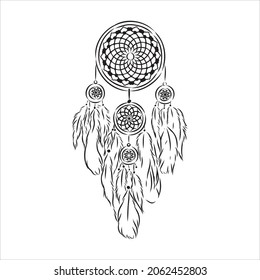 El Boho de la etnia ensueño atracador con plumas. Símbolo indio americano en estilo boceto. Ilustración vectorial aislada en fondo blanco. Dibujado a mano.