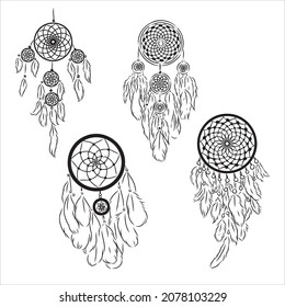 Ethnic Boho dream catcher with feathers. American Indian symbol in sketch style. Vector illustration isolated on white background. Hand drawn.