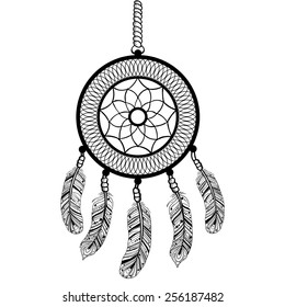 Ethnic Boho dream catcher with feathers. American Indian symbol in sketch style. Vector illustration isolated on white background. Hand drawn.