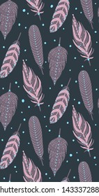 Ethnic boho feathers seamless pattern. Feathers in vintage Bohemian style background. Vector illustration.