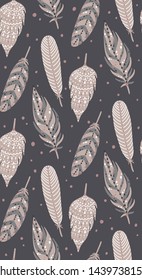Ethnic boho feathers seamless pattern. Feathers in vintage Bohemian style background. Vector illustration.
