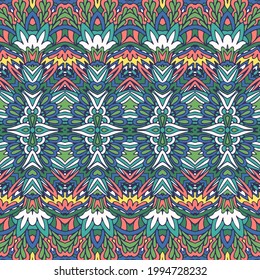 Ethnic boho geometric psychedelic colorful print with doodle Vector seamless pattern Bohemian style