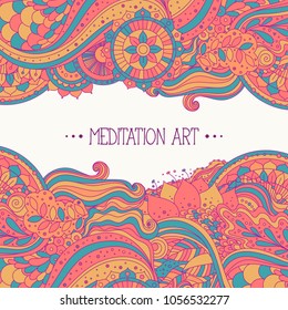 Ethnic boho pattern with floral details, waves and mandalas, red, orange and blue colored, vector colorful art, can be used for greeting card, invitation, book cover.