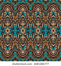 Ethnic boho repeating seamless pattern vector. African ornamental arabesque design ethnic tribal. background texture carpet in brown and blue colors.