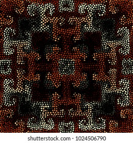 Ethnic boho seamless pattern in african style on black background. Tribal art print. Irregular polka dots pattern.