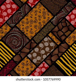 Ethnic boho seamless pattern in african style on black background. Tribal art print. Patchwork style. Vector image.