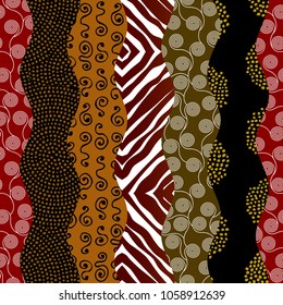 Ethnic boho seamless pattern in african style on black background. Tribal art print. Patchwork style. Vector image.