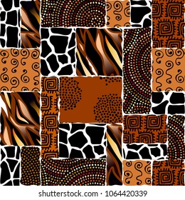 Ethnic boho seamless pattern in african style on black background. Tribal art print. Irregular polka dots pattern. Vector image.