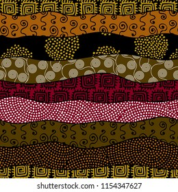 Ethnic boho seamless pattern in african style on black background. Tribal art print. Patchwork style. Vector image.
