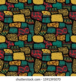 Ethnic boho seamless pattern in african style on black background. Tribal art print. Irregular polka dots pattern.