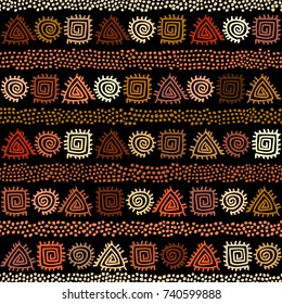 Ethnic boho seamless pattern in african style on black background. Tribal art print. Irregular polka dots pattern.