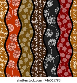 Ethnic boho seamless pattern in african style on black background. Tribal art print. Curly patterns.