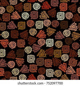 Ethnic boho seamless pattern in african style on black background. Tribal art print. Irregular polka dots pattern.