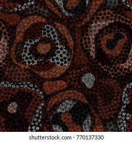 Ethnic boho seamless pattern in african style on black background. Tribal art print. Irregular polka dots pattern.