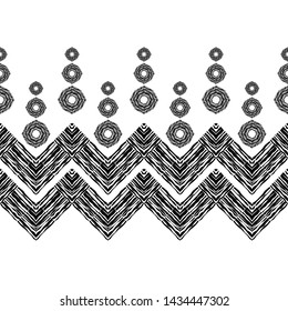 Ethnic boho seamless pattern. Black-white. Embroidery on fabric. Patchwork texture. Weaving. Traditional ornament. Tribal pattern. Folk motif. Can be used for wallpaper, textile, wrapping, web.