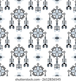 Ethnic boho seamless pattern in blue and black. Tribal pattern. Folk motif. Geometric Native American pattern. Navajo style. For textiles, wallpaper, pottery, and tiles. 