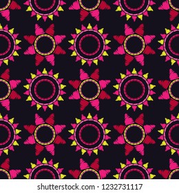 Ethnic boho seamless pattern. Embroidery on fabric. Traditional ornament. Tribal pattern. Folk motif. Can be used for wallpaper, textile, invitation card, wrapping, web page background.