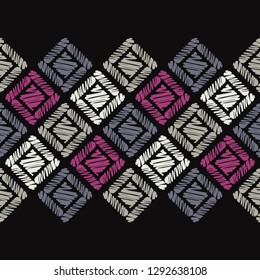Ethnic boho seamless pattern. Embroidery on fabric. Traditional ornament. Tribal pattern. Folk motif. Can be used for wallpaper, textile, invitation card, wrapping, web page background.