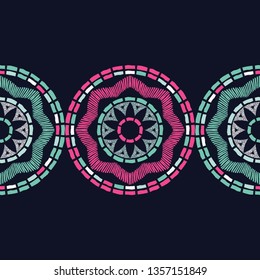 Ethnic boho seamless pattern. Embroidery on fabric. Patchwork texture. Weaving. Traditional ornament. Tribal pattern. Folk motif. Can be used for wallpaper, textile, invitation card, wrapping, web.
