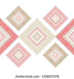 Ethnic boho seamless pattern. Embroidery on fabric. Patchwork texture. Weaving. Traditional ornament. Tribal pattern. Folk motif. Can be used for wallpaper, textile, invitation card, wrapping, web.
