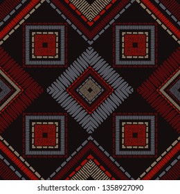 Ethnic boho seamless pattern. Embroidery on fabric. Patchwork texture. Weaving. Traditional ornament. Tribal pattern. Folk motif. Can be used for wallpaper, textile, invitation card, wrapping, web.
