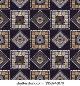 Ethnic boho seamless pattern. Embroidery on fabric. Patchwork texture. Weaving. Traditional ornament. Tribal pattern. Folk motif. Can be used for wallpaper, textile, invitation card, wrapping, web.