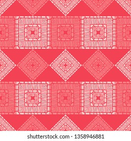 Ethnic boho seamless pattern. Embroidery on fabric. Patchwork texture. Weaving. Traditional ornament. Tribal pattern. Folk motif. Can be used for wallpaper, textile, invitation card, wrapping, web.