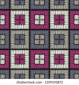 Ethnic boho seamless pattern. Embroidery on fabric. Patchwork texture. Weaving. Traditional ornament. Tribal pattern. Folk motif. Can be used for wallpaper, textile, invitation card, wrapping, web.