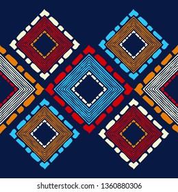 Ethnic boho seamless pattern. Embroidery on fabric. Patchwork texture. Weaving. Traditional ornament. Tribal pattern. Folk motif. Can be used for wallpaper, textile, invitation card, wrapping, web.