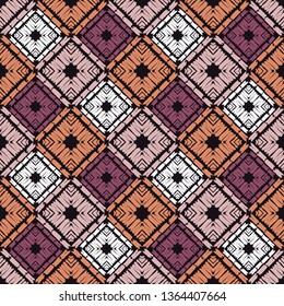 Ethnic boho seamless pattern. Embroidery on fabric. Patchwork texture. Weaving. Traditional ornament. Tribal pattern. Folk motif. Can be used for wallpaper, textile, invitation card, wrapping, web.